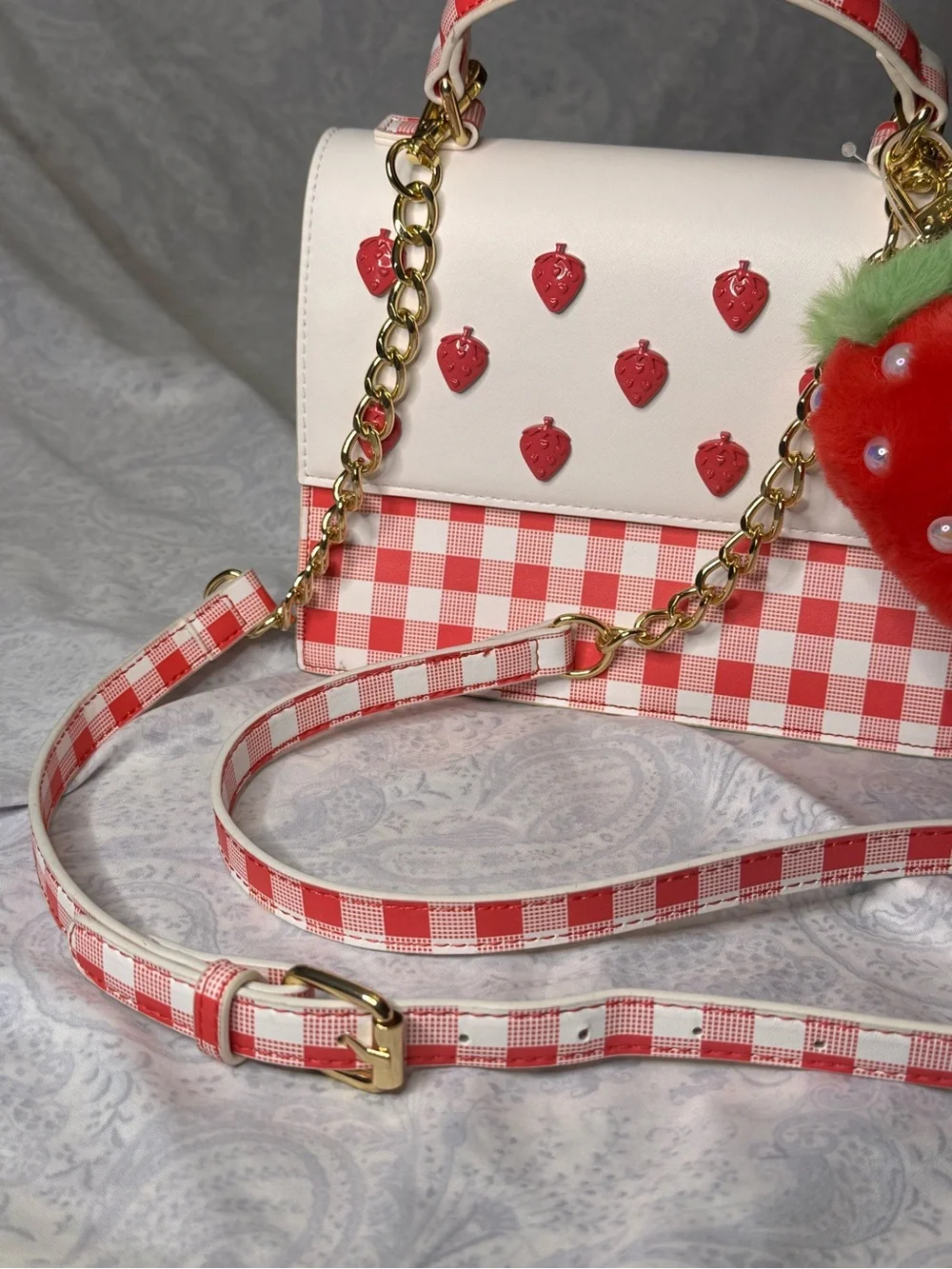 Betsey Johnson White/Red Gingham Strawberry -Handle w/ Removable Crossbody Strap